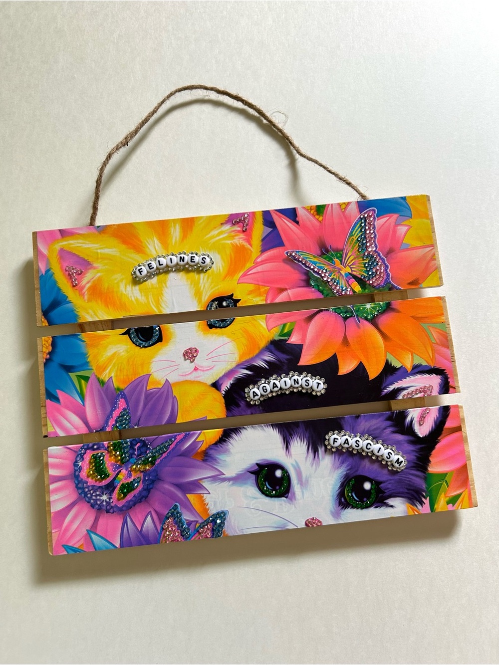 Handmade Lisa Frank Cats Against Fascism Wall Sign with Butterflies
